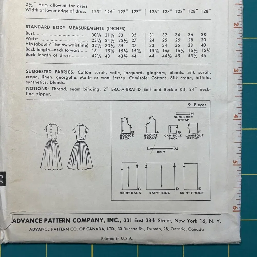1960s Misses Full Skirt Dress Advance 9868 Vintage Sewing Pattern Sz 12 Bust 32